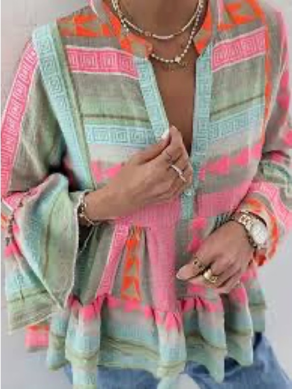 BloomChic Mint Green and Pink Patterned Boho Peplum Blouse